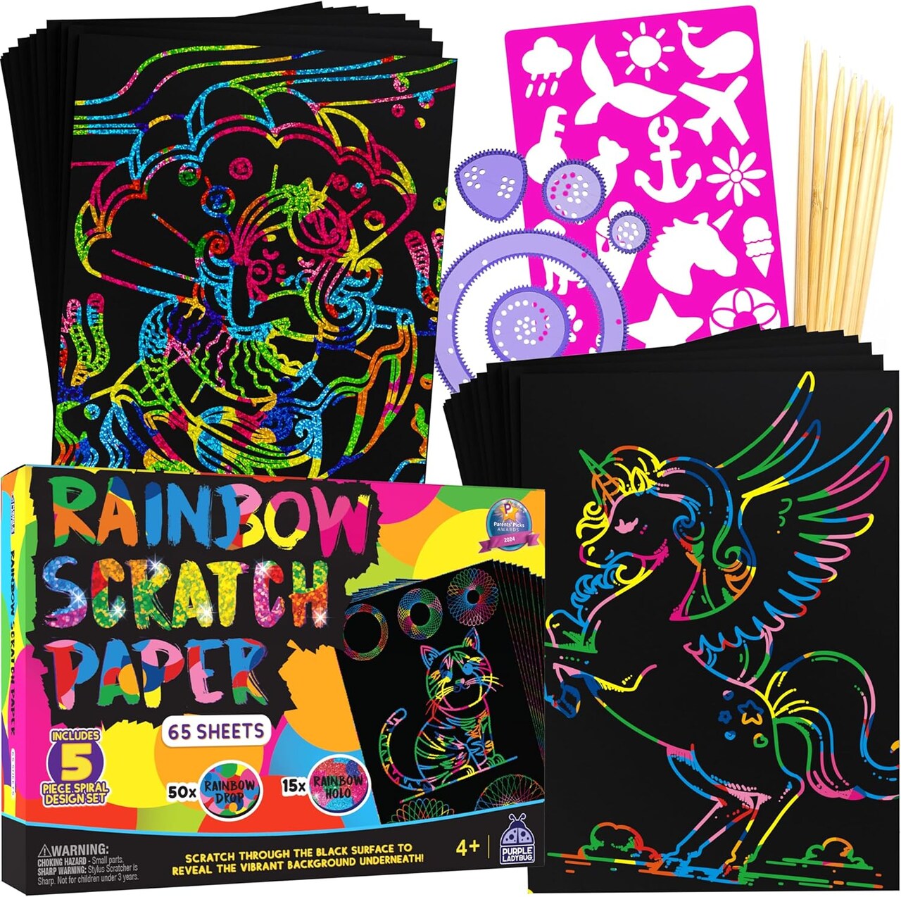 79-Piece Rainbow Scratch Art Kit for Kids – Creative Drawing Paper, Stencils & Styluses for Ages 4–12, Perfect for Gifts, Crafts & Travel Fun